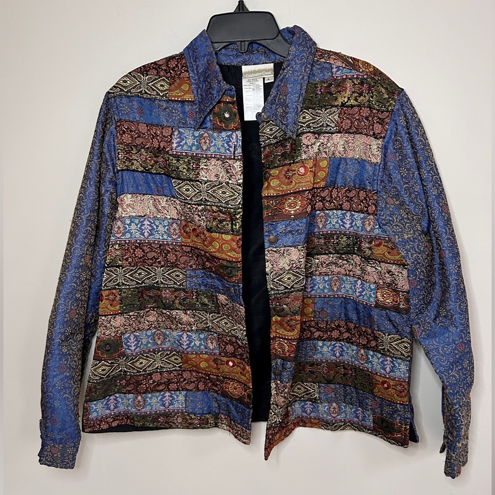 VINTAGE Y2K Boho Brocade Patchwork Silk Tapestry Jacket Whimsigoth Art Wear Sz L - Picture 10 of 15